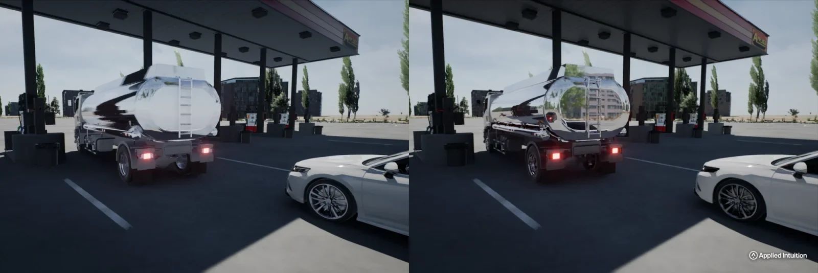 A tanker truck at a filling station rendered twice, with screen-space reflections and with ray tracing.