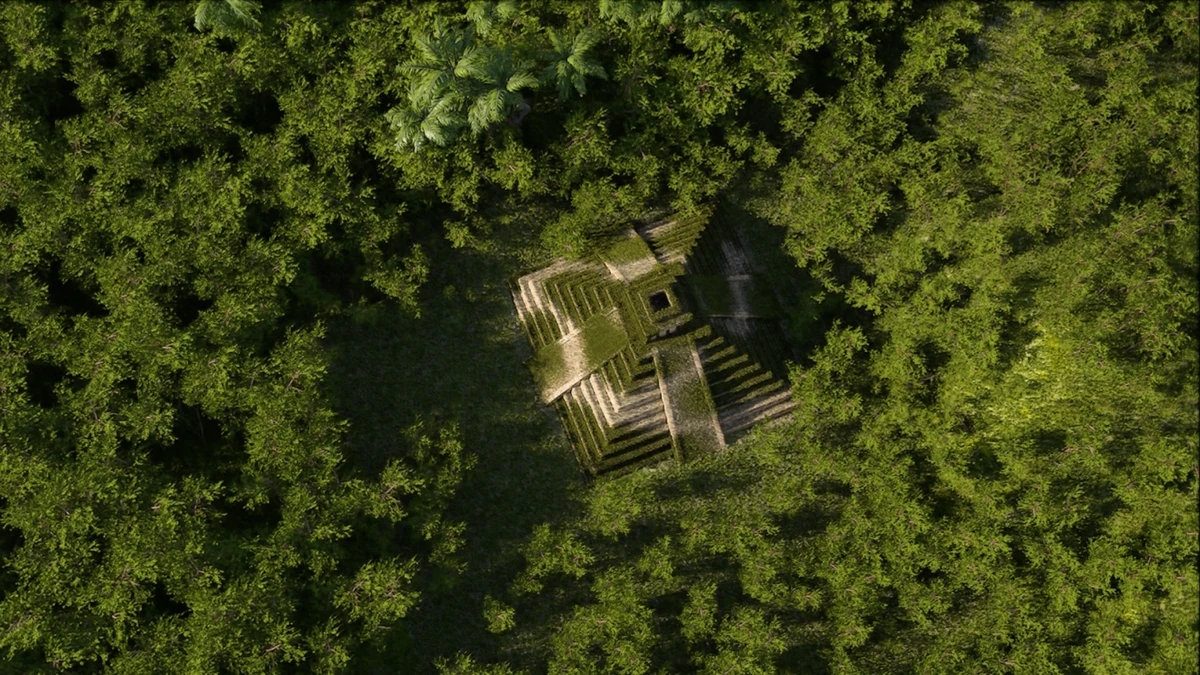 Dense rainforest vegetation and stone ruins in Intel Labs’ research renderer.