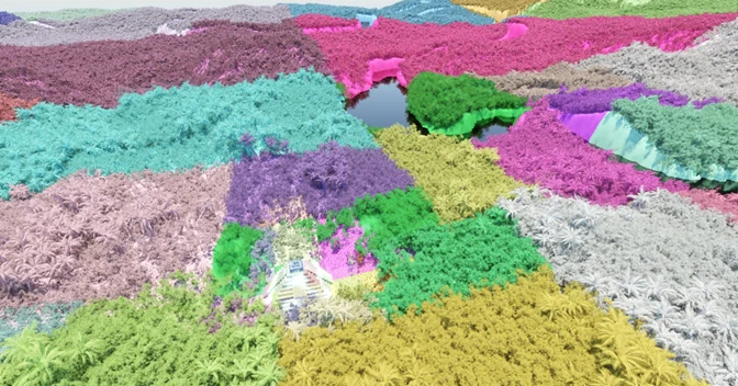Coloured regions show how Jungle Ruins instances are partitioned into independently updatable acceleration-structure fragments.