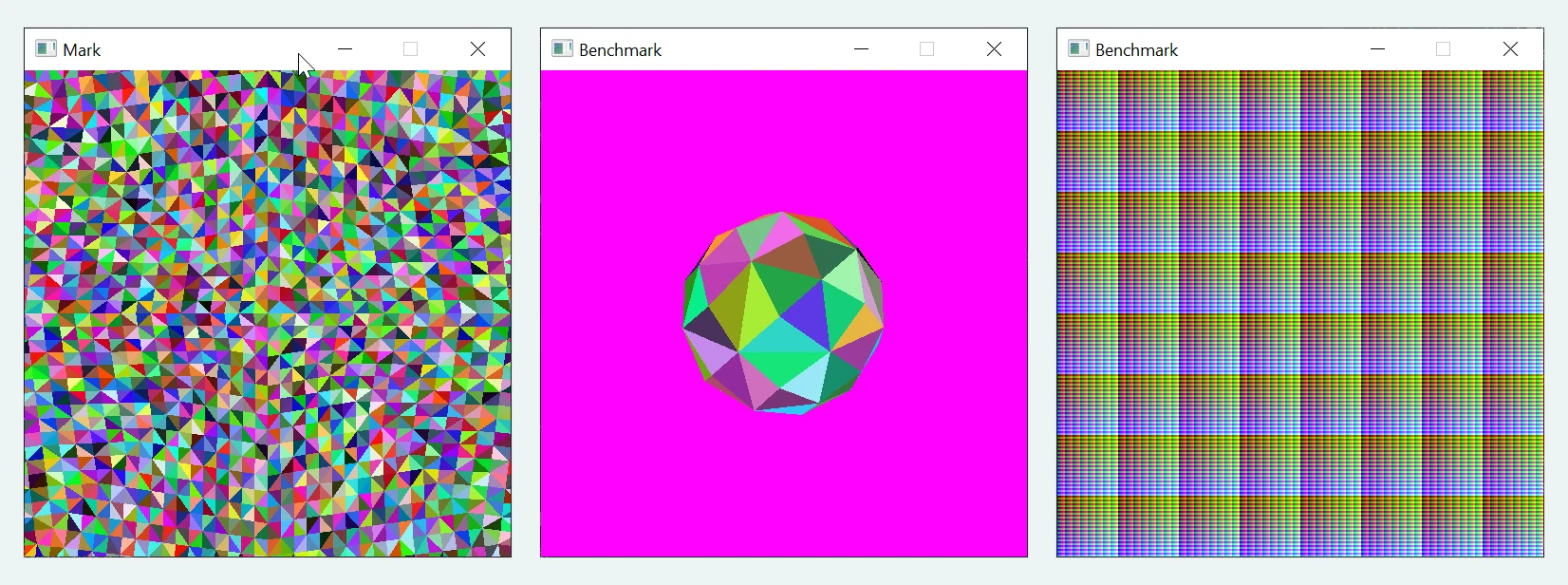 Three ray-tracing micro-benchmarks from our pre-silicon suite, each presenting the acceleration structure with a different pattern of overlap and geometry distribution. Magenta is a ray that hits nothing.