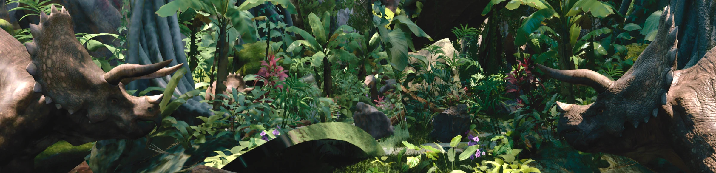 The Evolve benchmark scene from Figure 1, with neural radiance caching visible in the arch-shaped mirror on the left. Captured with the desktop-quality preset.