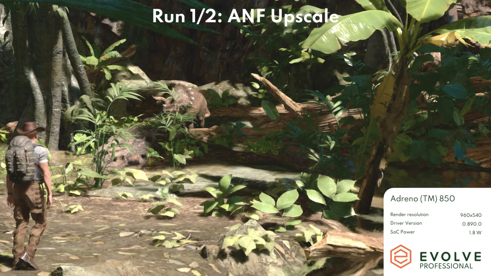 The ANF Upscale run of Evolve Professional's upscaling test on the Adreno 850, rendering at 960x540 before the upscaler.
