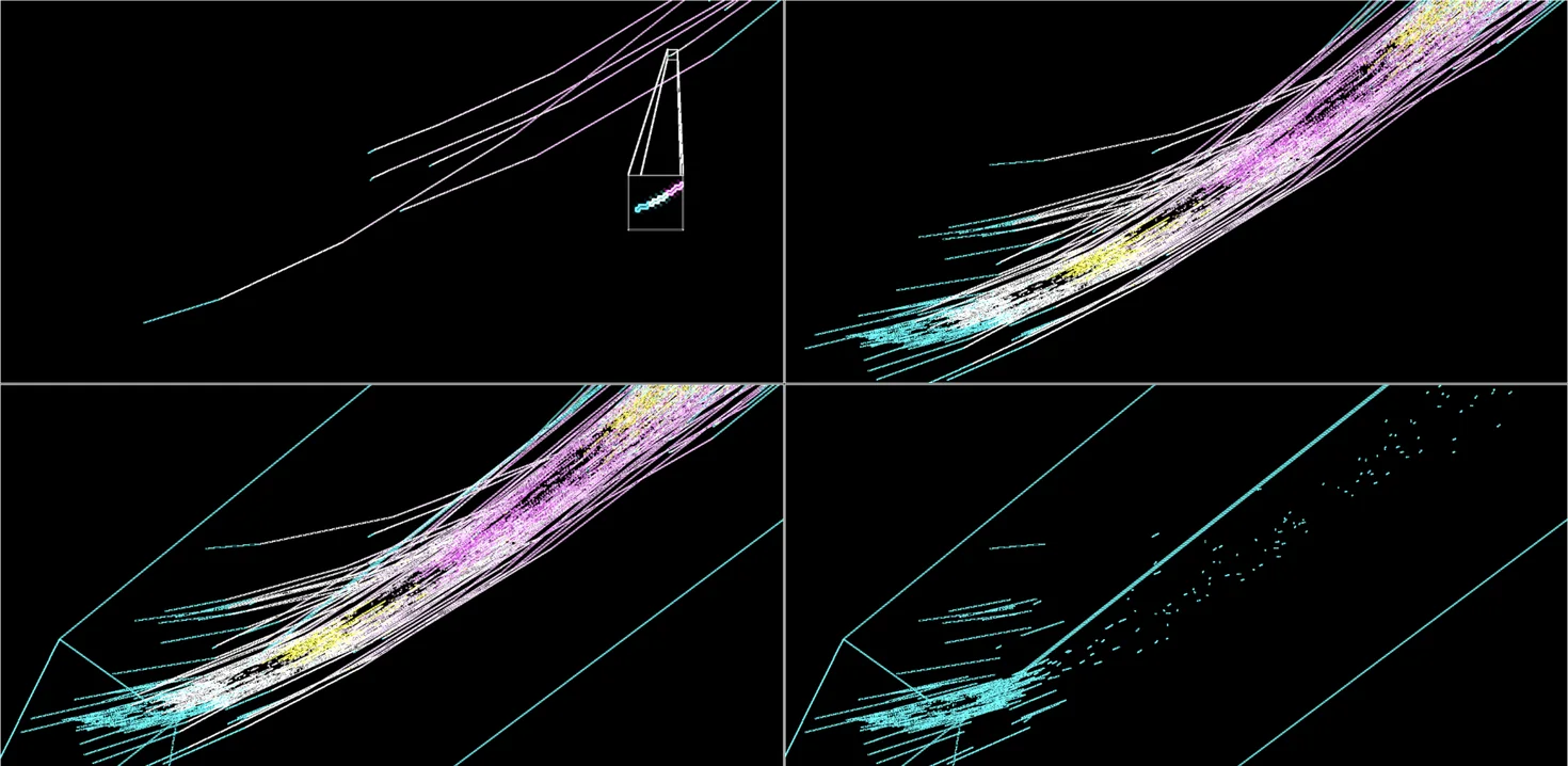 Debug views of the same strands: colour marks the clusters, and the wireframe is the volume they are tested against.