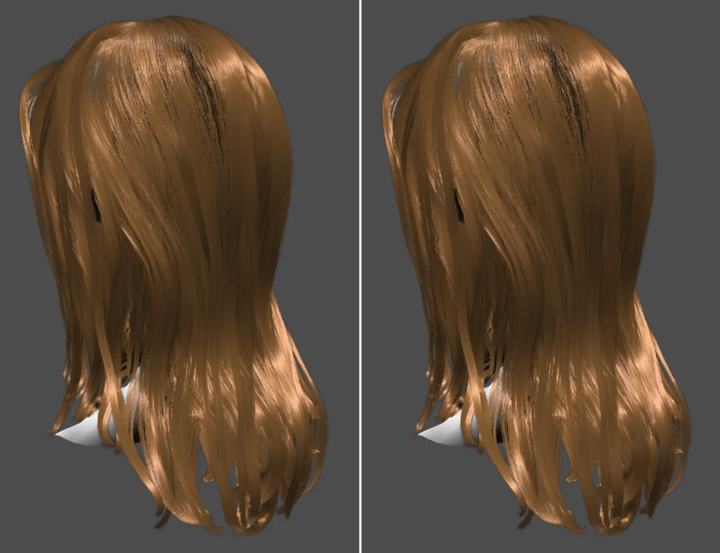 Strand rendering on a mobile GPU, the same asset rendered twice and set side by side - which is how a change is shown not to have cost image quality.